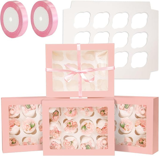 qiqee Auto-pop Up Cupcake Boxes with Window Pink 40PCS 12 Count Cupcake Box 13"x10"x3.5" Cupcakes Carrier, 12 Cupcake Containers with 2 rolls of pink ribbons