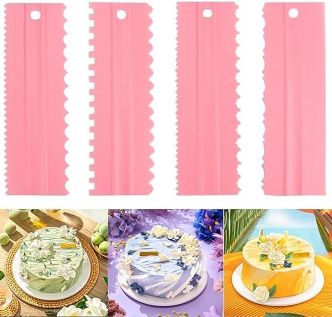 Cake Scraper Set of 9 Packs, Cake Scraper Smoother Set, Adjustable Icing Scraper Polisher Tool, Cake Decorating Comb, Icing Smoother Plastic Sawtooth Cake Icing Kitchen Baking Cake Edge (Pink)