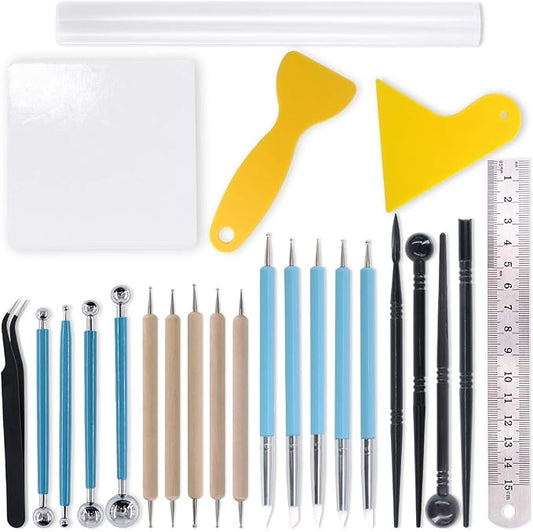 Swpeet 24Pcs Modeling Clay Sculpting Tools Kits, Painting Brush, Wooden Dotting Tools, Ball Stylus Tool, Plastic Ball Rod Stylus Modeling Tools, Clay Roller, Clay Scarper for Modeling Clay