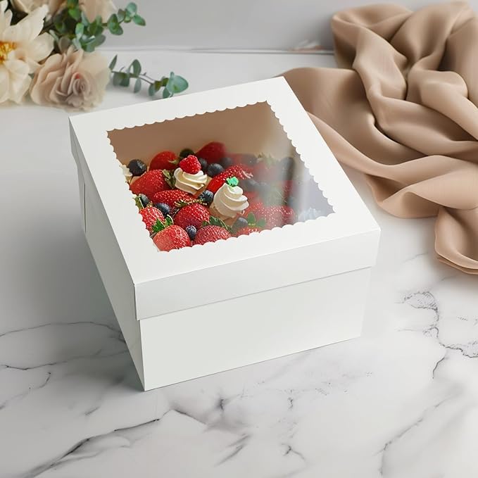 Septo Cake Boxes,12x12x8 Inches 10pc White Bakery Boxes Cake Boxes with Window Cake Container Large Square Baking Boxes