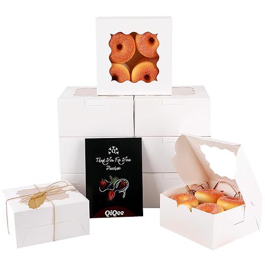 qiqee 140Pcs White Bakery Box with Window 6"×6"×3" Macaron Boxes Small Donut Pastry Boxes for Party Mini Cookie Boxes