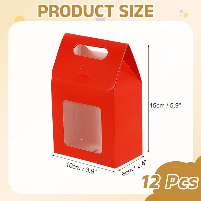 uxcell 12Pcs Gift Boxes, Favor Box with Clear Window and Handle, Stand Up Favor Treat Boxes for Candy, Cookies, Party Store, Packaging, Wedding, Red