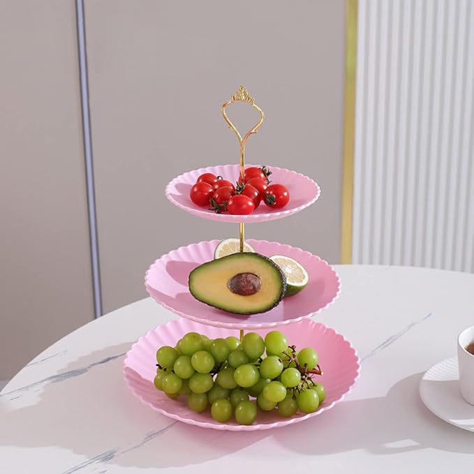 Tosnail 3 Pack 3 Tiers Plastic Cupcake Stand, Round Dessert Stand, Tiered Serving Trays with Gold Rod, Party Serving Trays, Fruit Pastry Holders for Wedding and Party - Assorted 3 Colors
