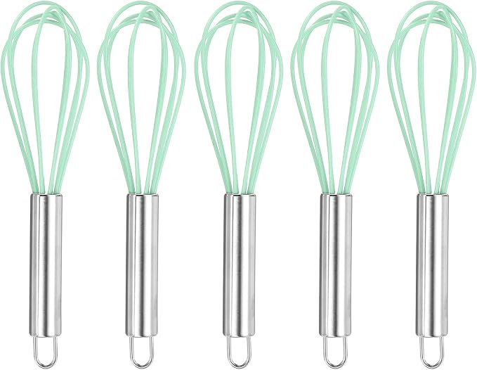 HARFINGTON 5Pcs Silicone Whisk 8" Kitchen Whisk Wire Whisks Beater with Stainless Steel Handle for Egg Milk Whisking Blending Beating & Stirring, Green
