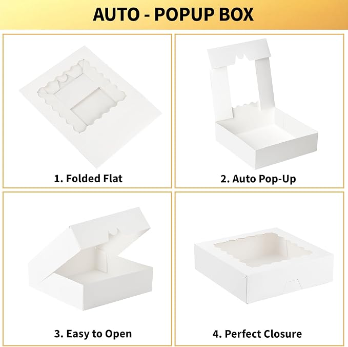 Ocmoiy 20 Pack Pie Boxes, 9 x 9 x 2.5 Inches Bakery Boxes with Window, Auto-Popup Cookie Treat Boxes for Chocolate Strawberries, Pastries, Muffins, Donuts, Breakable Heart