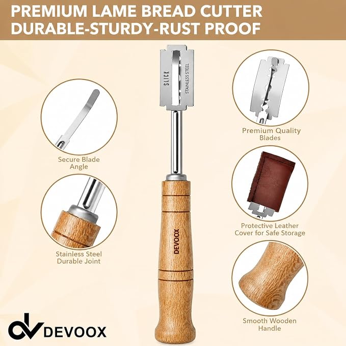 Bread Lame Stainless Steel Sourdough Scoring Tool for Premium Hand Crafted Bread Baking Scoring Tool for Wooden Handle for Bread Slashing & Leather Protective Cover with10 Replacement Blades.