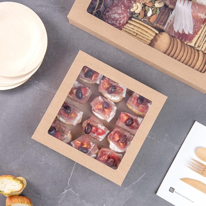 Restaurantware Cater Tek 9 x 9 x 2.4 Inch Catering Boxes 100 Insert Tab Lock Baked Goods Boxes - Window Lids Easy Assembly Kraft Paper Window Pastry Boxes For Charcuterie Or Cupcakes