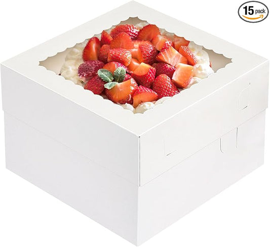 Moretoes 15Pcs Cake Boxes, 12x12x8 Inch White Bakery Boxes with Window Cake Containers Tall Dessert Cardboard Boxes