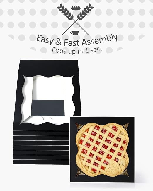 qiqee Auto-pop Up Black Pie Boxes with Window 24Packs 12x12x3 Inch Cookie Donut Bakery Box