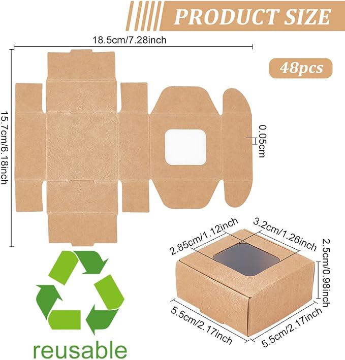 BENECREAT 48 Packs 2.17x2.17x0.98 Inch Brown Kraft Paper Box with Clear Windows Foldable Paper Gift Box Goodies Candy Box Dessert Box for Party Wedding Bakery Packaging