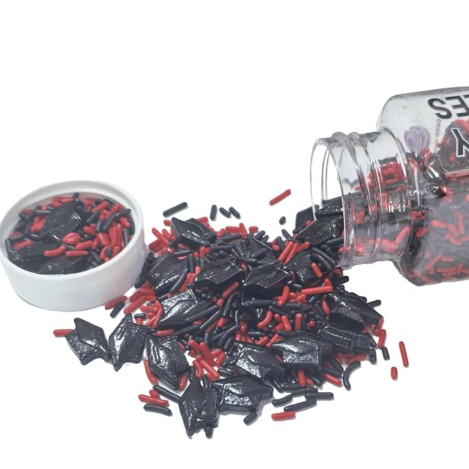 Senchanting Edible Graduation Day Sprinkles, Edible Black Red Jimmies Sprinkles, Black Graduation Caps Mixed with Soft Jimmies for Ice Cream Cupcakes Cookies Topping Cake Decorating Baking 100g/3.53oz