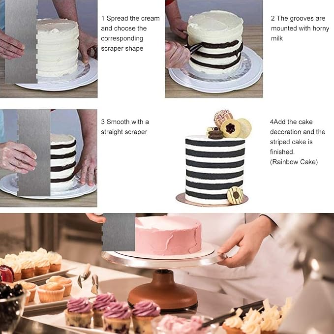 Cake Scraper Smoother Cake Decorating Supplies Kit 9 Inch Metal Bench Scraper for Baking Buttercream Smoother for Cakes Stainless Steel Frosting Cake Comb Edge Side Jagged Comb for Cream Cake