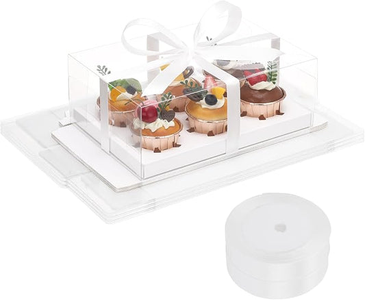 EUSOAR Clear Cupcake Boxes, 18 Pack White Bakery Cupcake Carriers 6 Count with Ribbon, Clear Muffins Gift Holder Disposable Containers Dessert Cookies Pastry Display for Birthday Wedding Party Favor
