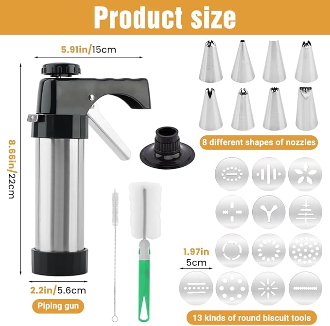 Cookie Press Gun Kit, Stainless Steel Hand Press, 13 Discs, 8 Tips | Includes 1 press gun 2 cleaning brushes, For spritz cookies icing and egg filling, No storage case included