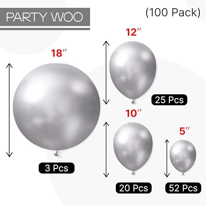 PartyWoo Silver Balloons 100pcs Different Sizes of 18 12 10 5 Inch Silver Balloon Arch Kit Garland for Birthday Graduation Bachelorette Engagement Bridal Shower Wedding Party Decorations Silver-G102