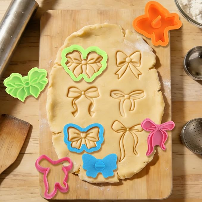 6Pcs 3D Bow Cookie Cutter Set Cute Cookie Cutters and Stamps for Baking Cookies Wedding Bow Fondant Cutters Birthday Cookies Making Supplies for Cupcakes Dessert DIY Craft Baking Biscuit Cutter