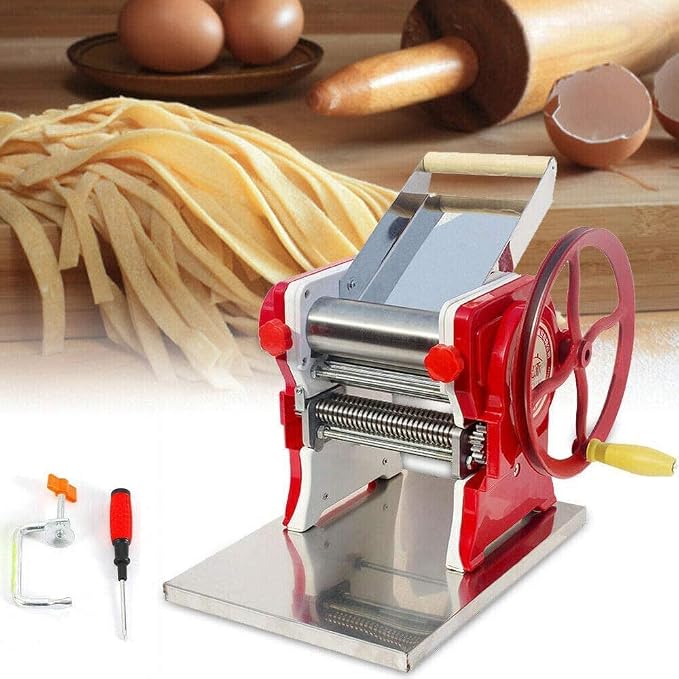 Manual Noodle Machine, Commercial Pasta Maker, Dough Sheeter Machine, Adjustable Thickness 0.5-5mm, Dough Roller Machine, Spaghetti Dough Machine for Home -Red