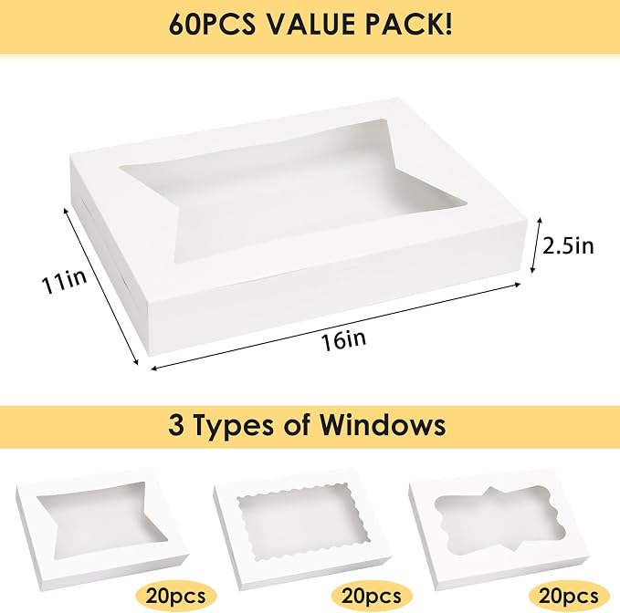 Moretoes 60pcs 16x11x2.5 Inch Cookie Boxes (Not Popup), Bakery Boxes with 3 Style Window for Pastries, Pies, Muffins, Chocolate Covered Strawberries