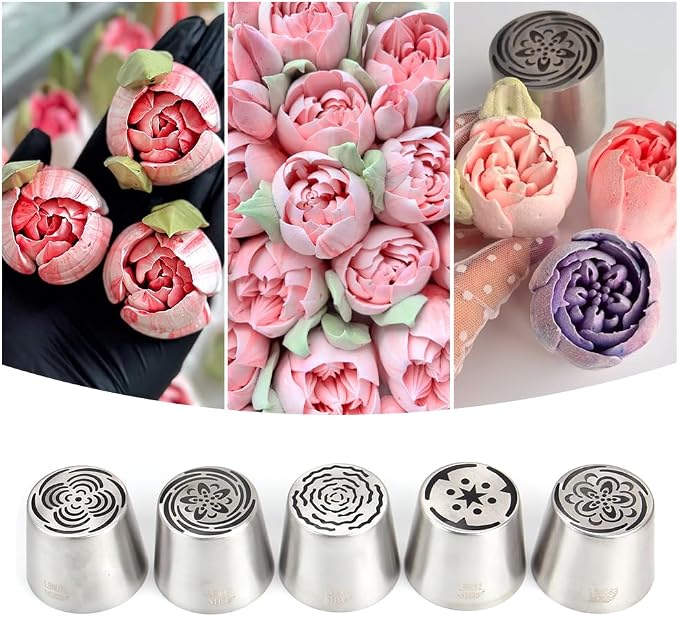 7 Pieces Stainless Steel Extra Large Russian Tulip Icing Tips Set, 5 XXL Russian Flower Piping Nozzles,1 Cleaning Brush,1 Small Leaf Tip for Cake Decorations,Flower Frosting Nozzles for Decorating
