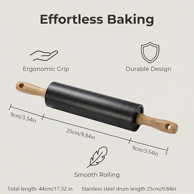 Stainless steel rolling pin by Tansucc, with wooden comfortable handle, non stick rolling pin for baking pastries, bread, and pizza.