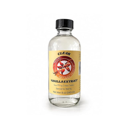 Royal Artisan Clear Vanilla Extract, with real vanilla bean, Organic, colorless; ideal for white icings, buttercream, light cakes and beverages; clean flavor; 8 fl oz (240 ml) glass bottle