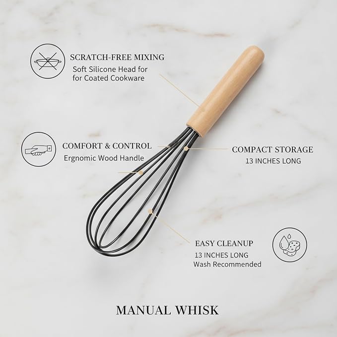 Easy-Use Manual Whisk with Silicone Head and Beech Wood Handle for Coated Cookware, 13-Inch Egg Beater