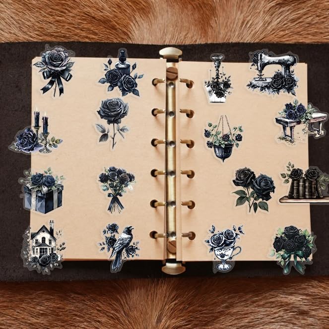 50Pcs Dark Roses Aesthetic Stickers, Black | Gothic Transparent Rose Flower Decals, For Scrapbook, Journaling, Planner, For Laptop, Kindle, Guitar, Adults