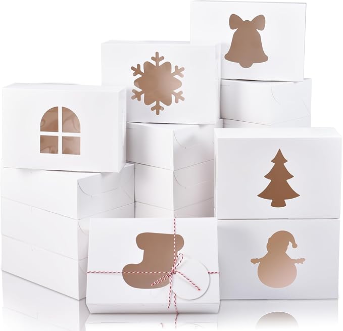 COTOPHER 18Pcs Christmas Cookie Boxes with Window, 9x6x3 inch White Bakery Boxes for Gift Giving, Kraft Treat Boxes Dessert Boxes for Cakes Donuts Chocolate Strawberries Pastries Muffins