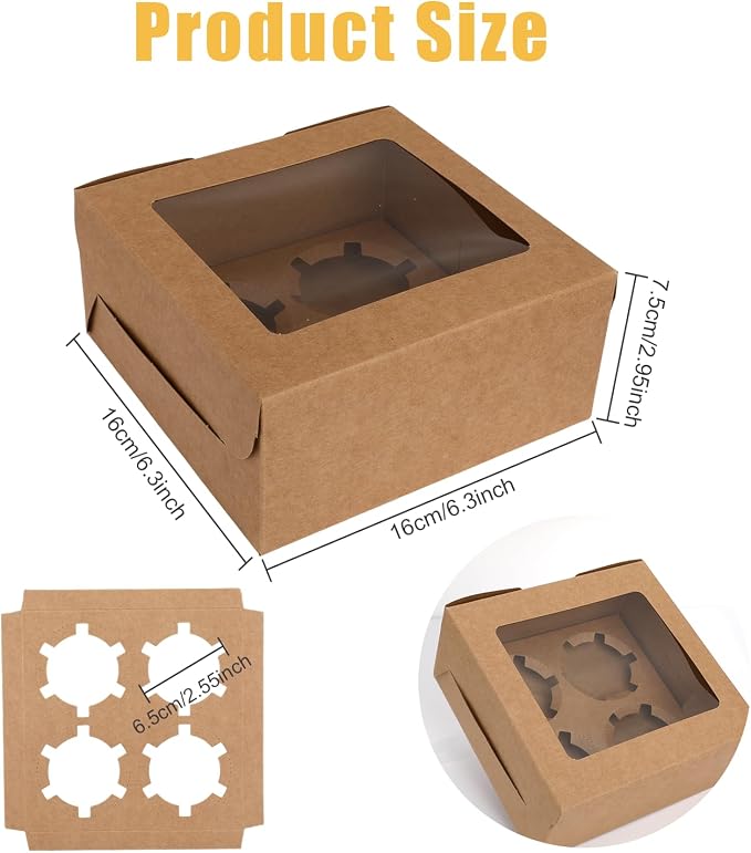 20 PCS Wood Color Paper Cupcake Boxes 4 Count and Clear Window for Valentine, Birthday, Wedding, Bakery Supplies and Party, Which Can Be Used as Bento Cake Box