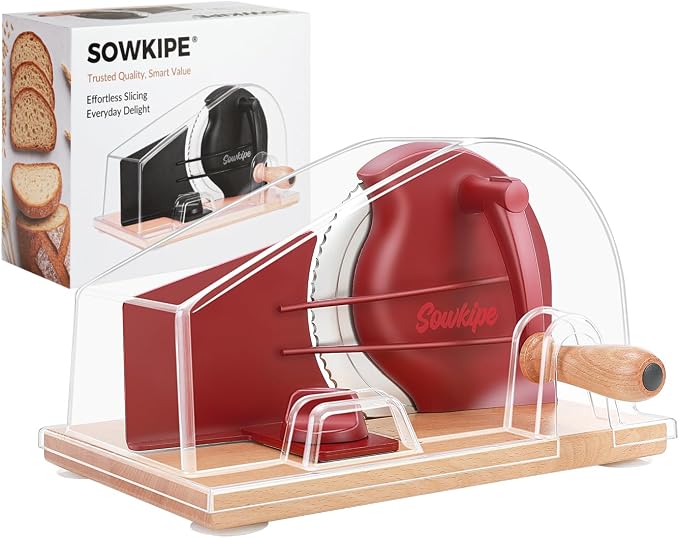 SOWKIPE Upgraded Manual Bread Slicer for Homemade Sourdough Bread, Adjustable Thickness Hand Crank Bread Cutter with Metal Guide, Scale Line, Even Slices, Suction Cups, Cover (Red)