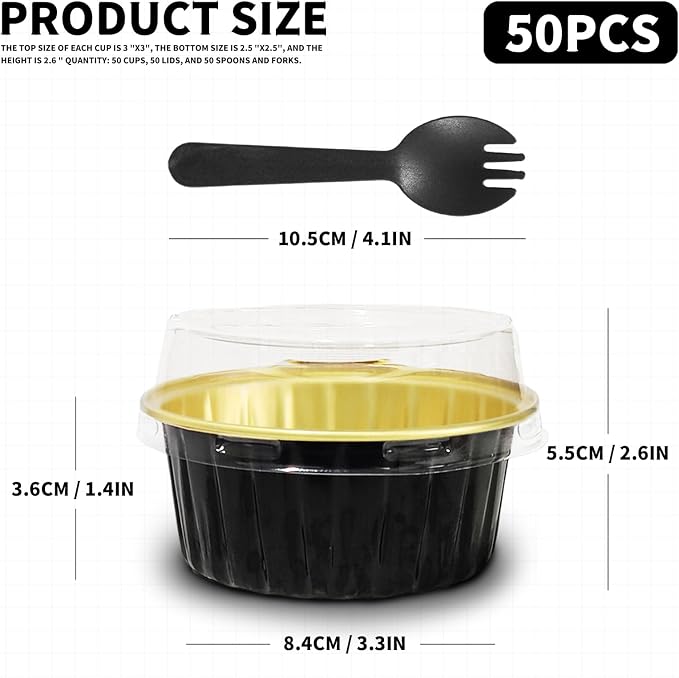 Graduation Party 50Pcs Mini Aluminum Foil Cupcake,5oz Baking Cups with Lids,Mini Cake Pans Disposable,Loaf Pans with Lids,Disposable Ramekins,Tin Cups Containers for Cupcake,Pudding,Muffin (50, Black)