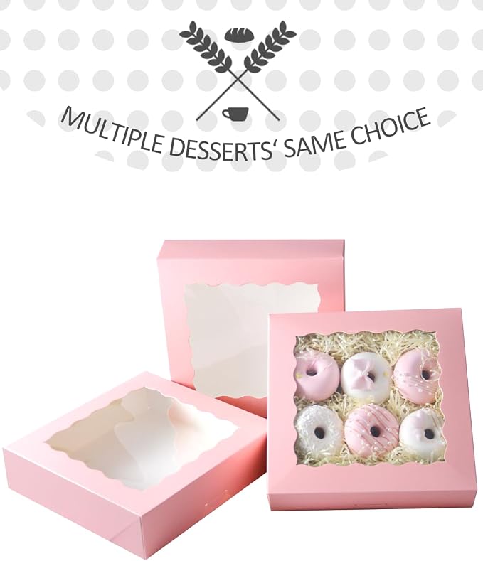 qiqee 9x9x2.5 Inch Pink Pie Boxes with Window 12Packs Cookie Donut Bakery Box (Auto-pop Up)