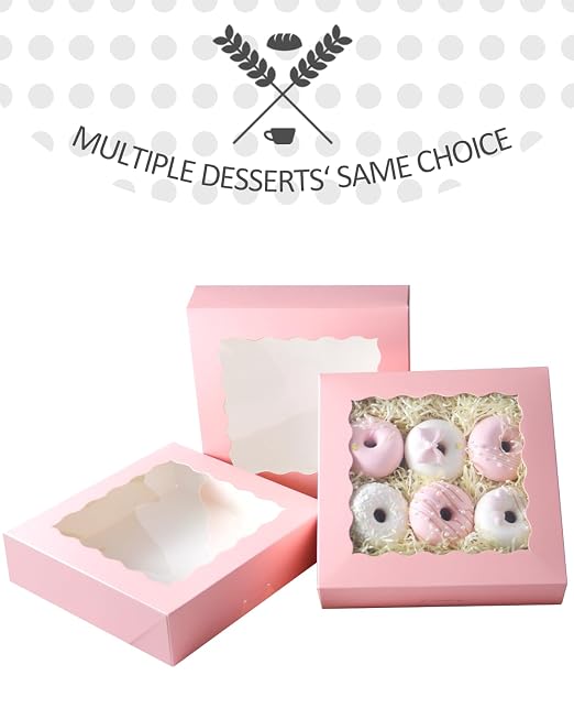 qiqee 10x10x2.5 Inch Pink Pie Boxes with Window 12Packs Cookie Donut Bakery Box (Auto-pop Up)