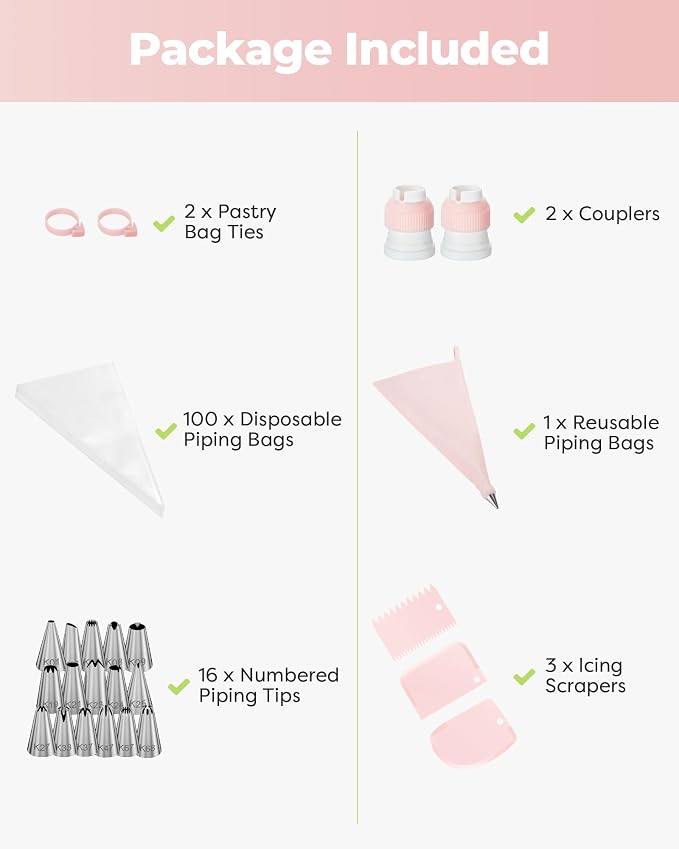 Kootek 124Pcs Icing Piping Bags and Tips Set, Cake Decorating Kit with 100 Anti Burst Piping Bags 12 Inch, 16 Icing Tips, Reusable Pastry Bag, 3 Scrapers, 2 Couplers, 2 Bag Ties (Pink)