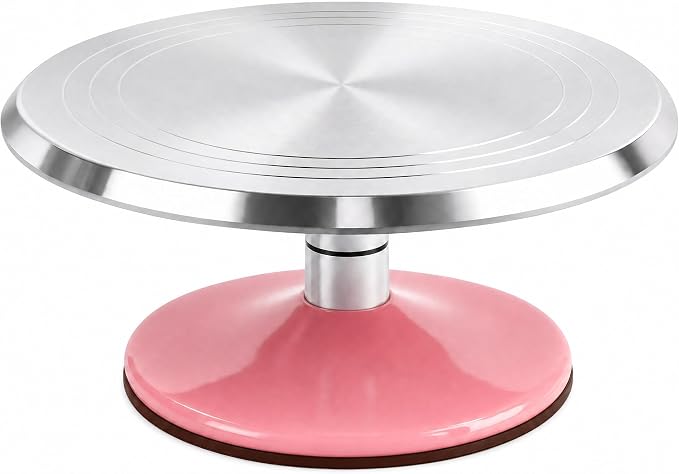 12-Inch Aluminum Alloy Cake Turntable, Rotating Cake Decorating Stand with Non-Slip Detachable Pink Base & Concentric Marking Circles, Smooth 360 Rotation for Baking, Model Coloring, Display