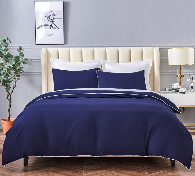 DAUAOTO Duvet Cover Full/Queen Set, Navy Blue Microfiber Bedding with Decorative White Piping, 1 Zipper Closure Cover + 2 Standard Shams