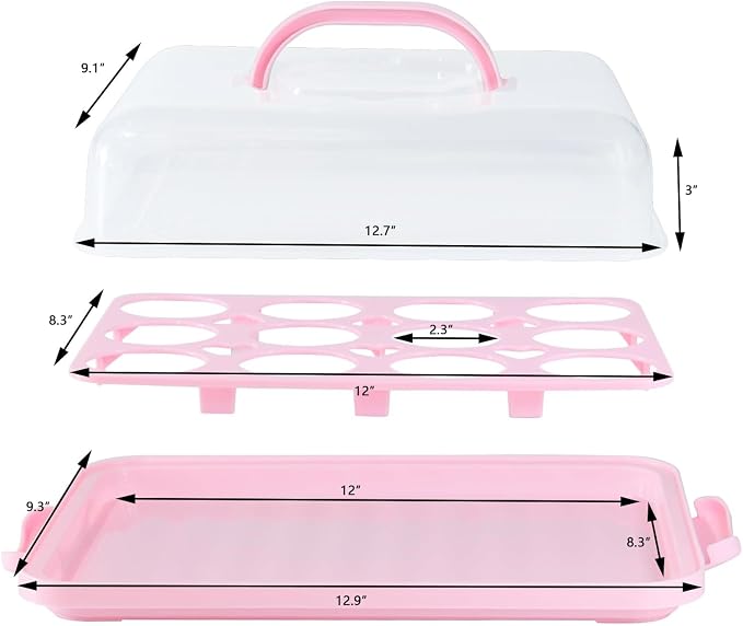 Cake Carrier with Lid, Cake Holder Cupcake Container for 12 Cupcakes 2 in 1 Portable Dessert Container for Pie Muffin Cobbler (Pink)
