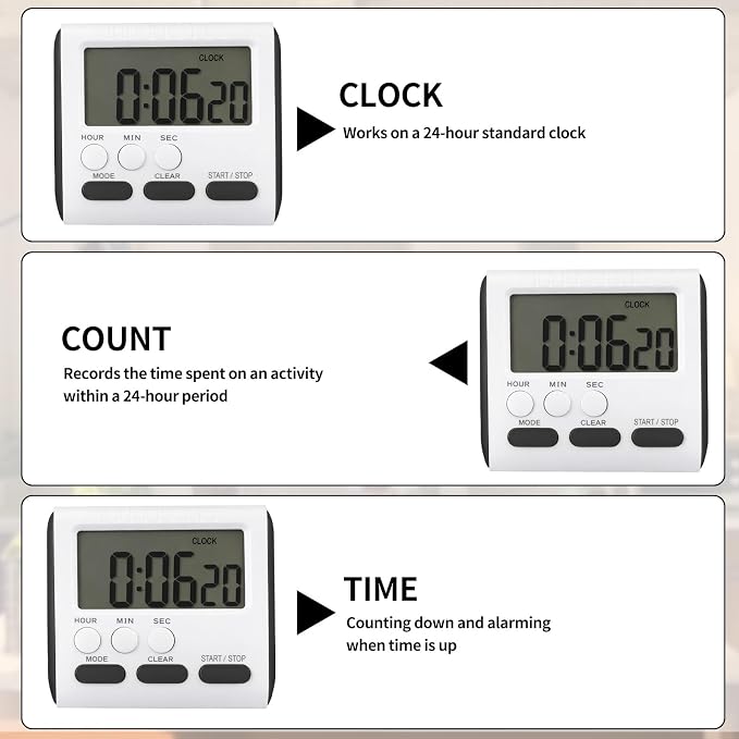 Mudder 12 Pack Digital Kitchen Timer for Cooking, Large Digits, 24 Hour Magnetic Backing Stand Kitchen Timers Clock for Classroom Kids Teachers, Loud Alarm and Large Screen (Black)