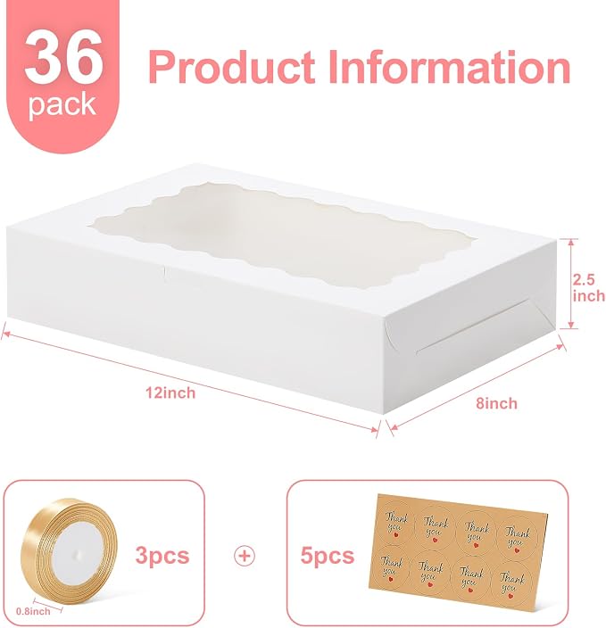 36 Pack Bakery Boxes with Window, 12x8x2.5 Inches Pastry Boxes with Ribbon and Sticks, Treat Boxes for Chocolate Covered Strawberries, Cookies, Muffins, Donuts, Breakable Hearts