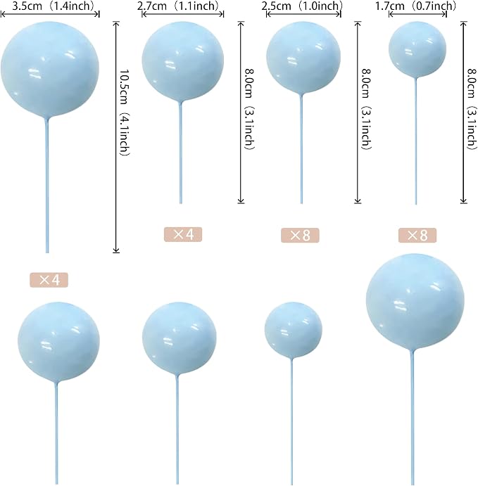 24 PCS Balls Cake Toppers - Ball Shaped Cupcake Toppers & Mini Balloons Cake Decorations for Wedding, Anniversary, Baby Shower & Birthday Parties - Blue