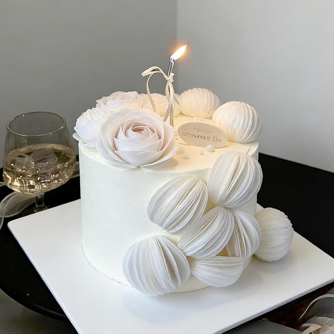 60PCS/80PCS Wafer Paper Round Pieces 3D Spherical Cake Edges Rice Paper Swan Rose Flower Round Cupcake Decoration Inserts (60, White, small)