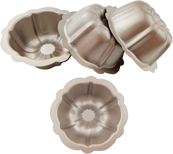4 Inch Nonstick Mini Fluted Cake Pan, Metal Tube Baking Mold | Set of 4 Carbon Steel Pumpkin Shaped Bakeware for Cupcake, Muffin, Brownie, Pudding - Gold