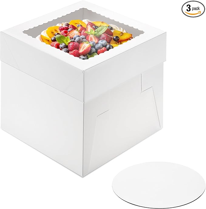 Cake Boxes with Window and Cake Boards, 8 x 8 x 8 Inches, 3 Pack, Disposable Bakery Containers for Wedding, Birthday, Party (8 inch)