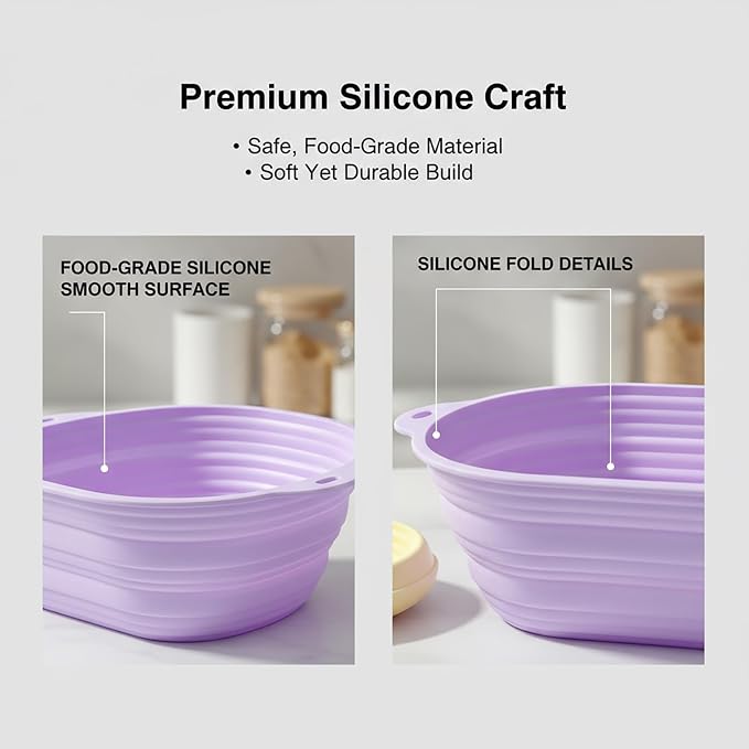 2 Pcs Silicone Bread Proofing Baskets, Collapsible Sourdough Bread Baking Supplies Dough Proofing Box Oven Safe for Artisan Bread Making for Professional and Home Bakers (Yellow and Purple)