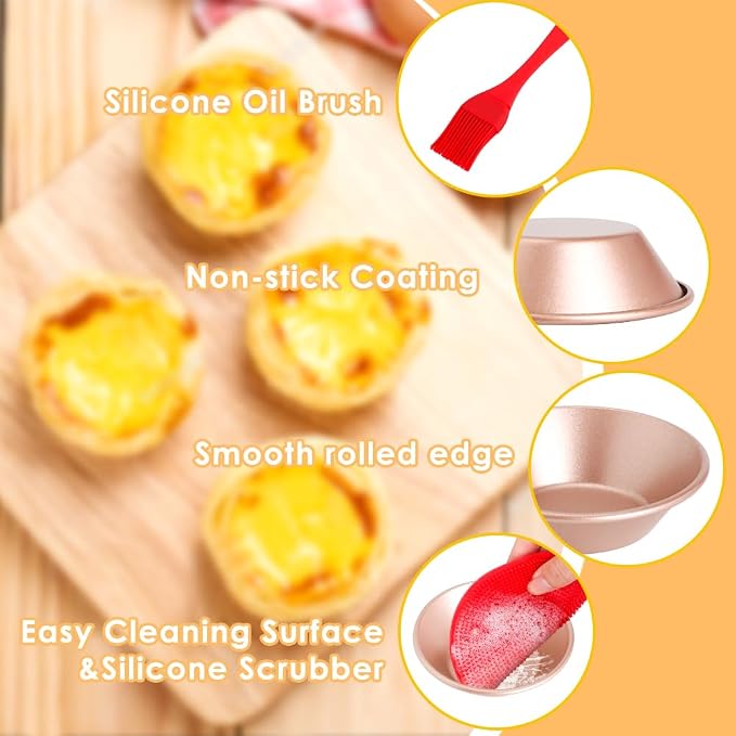 3 Inch Egg Tart Molds Set of 4, Gold Carbon Steel Mini Tart Pan Non-Stick Tartlet Pans, Includes Oil & Dish Brushes for Baking Cupcake Cake Muffin Mold Tin Pan for Cakes, Cookies, Desserts