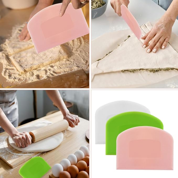 6 Pack Plastic Bench Scraper, Flexible Dough Scraper, Flexible Plastic Multipurpose Kitchen Pastry Cutter Tool, for Bread Cake Dough (White, Green, Pink)