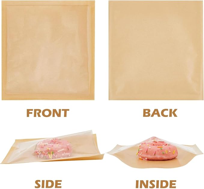 Ocmoiy 400ct Heat-Sealable Bakery Bags with Window for Egg Sandwich, Donut, Cookies Packaging, 7.1x7.5 Inches Clear Front Brown Paper Treat bags To go, Grease-Resistant (400)