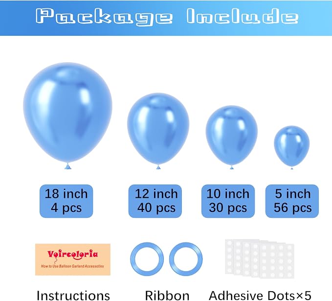 Voircoloria 130pcs Metallic Blue Balloons Different Sizes 18" 12" 10" 5" Chrome Blue Latex Balloon Garland Arch Kit for Birthday Baby Shower Graduation Wedding Gender Reveal Party Decorations