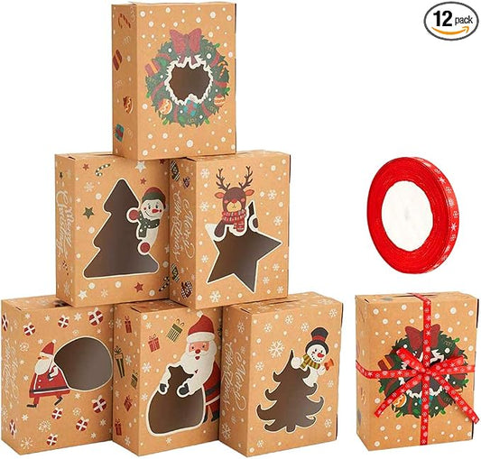 CCINEE Christmas Cookie Boxes,Kraft Treat Box with Window Ribbons for Bakery Candy Gift Giving Supplies,Pack of 12