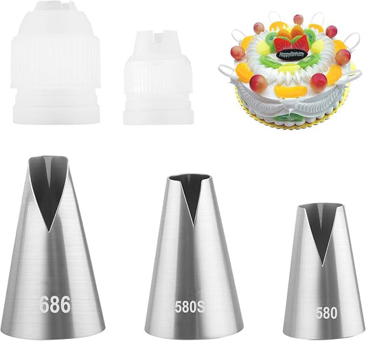 5 Pcs V-Shaped Piping Tips Set with 2 Couplers, Large Cake Decorating Tips, 304 Stainless Steel Frosting Icing Nozzles for Cupcakes, Cookies, Pastry, Dessert Baking Tools (580/686/580S)